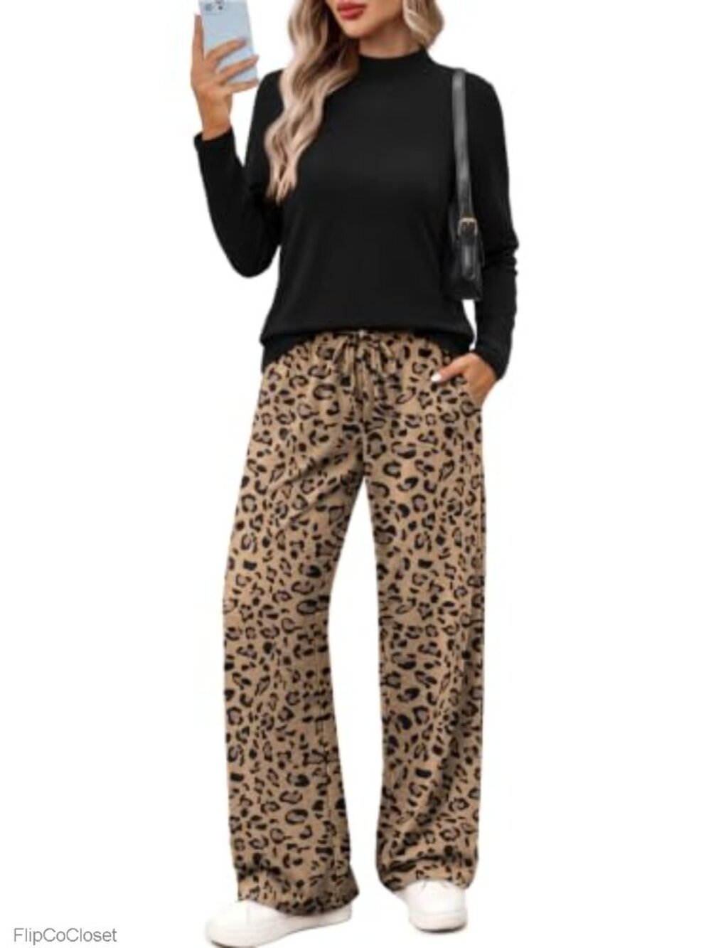 WIHOLL Two Piece Lounge Set Women Mock Neck Top Wide Leg Pants Matching Outfit